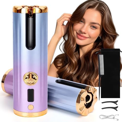 Hair curlerwaves Cordless｜Automatic French Wave Curling Iron with 6 Heat Settings,LCD Screen,Travel,Perfect for Beach Waves & Travel, 40th Birthday Gift for Women (Gradient Gold)