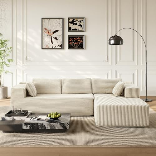 PREMTURE 269cm Sofa mit hoher Rückenlehne, L-Form Schlafsofa aus Cordstoff, 4-Sitzer mit Ottomane Links oder rechts, C ouch Schlafsofa Relaxsofa für Wohnzimmer, freistehend, Keine Montage(Beige)