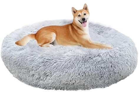 ZHULONGRUSHUI Hundebett Flauschig, Rund Donut Kuscheliges Hundekissen, Waschbar Haustierkorb L/XL/XXL/XXXL für Mittelgroße und Große Katzen, Hunde und Andere Haustiere (Grau,L 80 x B 80 x H 20 cm)