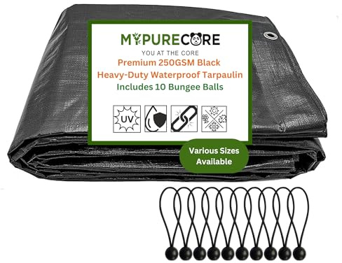 MYPURECORE Heavy Duty Waterproof Tarpaulin with 10 Bungee Balls – 250GSM Black Tarp for Outdoor Use – Durable Weatherproof Sheet for Camping, Garden, Trailer Tarp & Tent Protection (2m x 4m)