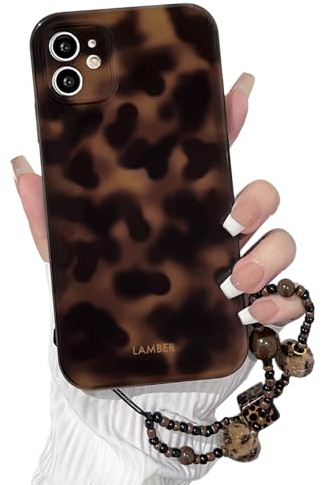 NITITOP Compatible with iPhone 11 Case Leopard Print Tortoise Brown Amber Pattern with Chain Lanyard Wrist Strap for Girls Women Men Boys Shockproof Protective Cover - Brown
