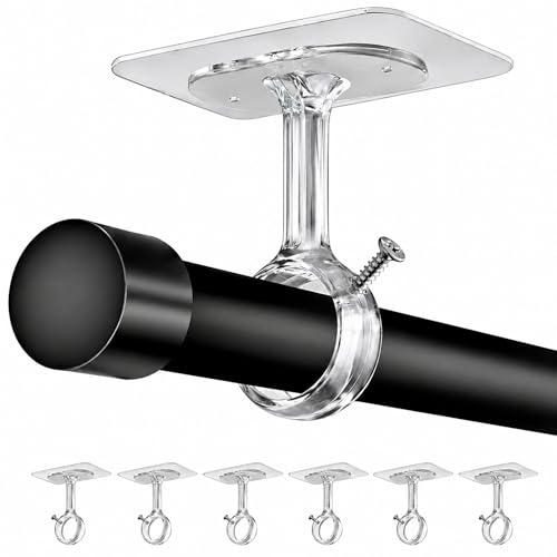 Supporto per Asta Tenda Senza Fori, Staffa Regolabile a Soffitto e Parete, Adesivo o a Vite, Compatibile con Barre Ø25-32 mm, Ideale per Bagno, Cucina, Finestra, Armadio (6 Pezzi Trasparente)