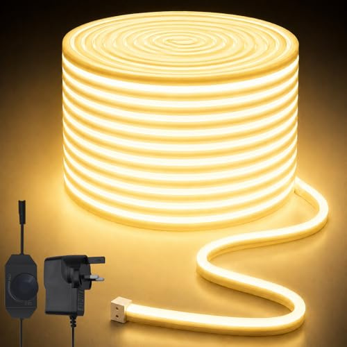 Lucienstar Neon LED Strip 15M, Warm White dimmable Flexible Strip | 3000K, IP65 waterproof, flexible silicone material, DIY cuttable, 24V suitable for bedrooms, kitchens, gardens, and outdoors