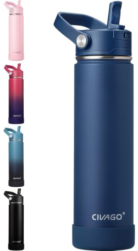 CIVAGO Insulated Stainless Steel Water Bottle with Detachable Straw, 750ml Metal Sports Drink Bottle with Bucket Handle, Leakproof Reusable Flask with Silicone Boot for Travel, Dishwasher Safe, Navy