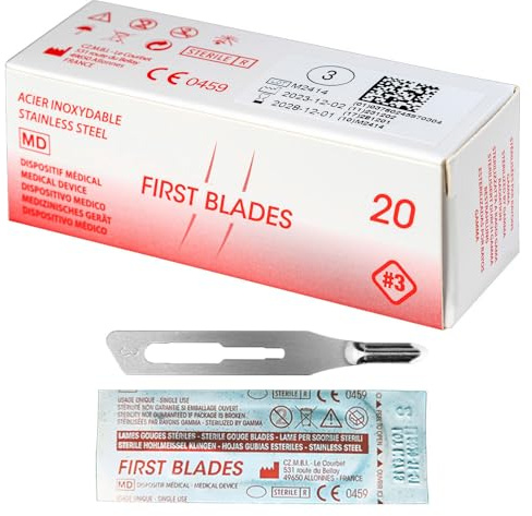 May Lames Gouges Stériles Figure 3 (20 Unités) - Lames de Scalpel Professionnelles pour Pédicure et Podologie, Élimination des Cors et Callosités, Compatibles avec Manche de Scalpel N°3