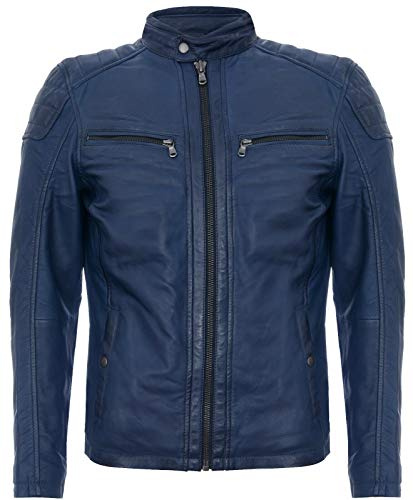 Veste Motard Ancien en Cuir Bleu Marin Matelassé pour Hommes Courses Zippée 2XL