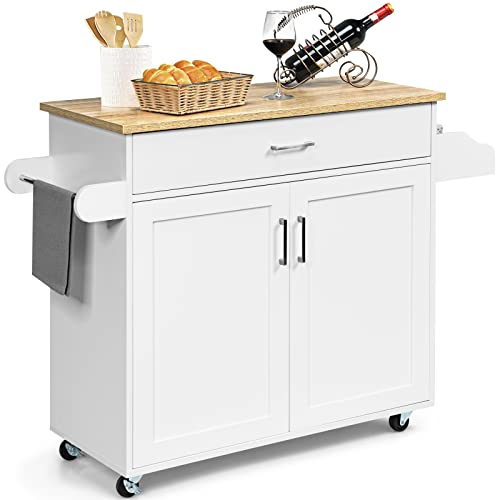 GIANTEX Küchenwagen mit Arbeitsplatte, Küchenschrank mit Rollen, bewegliche Kücheninsel Holz, Servierwagen Küchenrollwagen Rollwagen mit Schublade, Küchentrolley 116 x 40 x 85 cm, Weiß