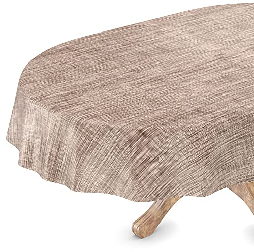 Tischdecke abwaschbar Wachstuch Wachstuchtischdecke Gartentischdecke Leinen-Optik Pflegeleicht Wasserabweisend 180 x 140 cm (Oval) Braun Schnittkante