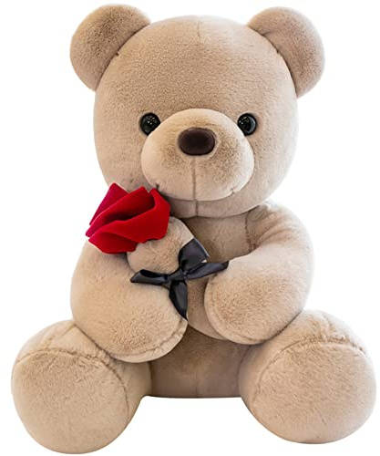 Orsacchiotto peluche con rosa, simpatico peluche giocattolo, idea regalo per bambini, ragazzi, ragazze, compleanno, Natale, San Valentino (23 cm, marrone)