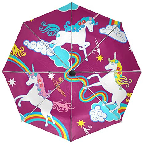 Art Rainbow Bbay Einhorn Pferd Regenschirm Taschenschirm Automatische Reise Winddichte Sonnenschutz Trekkingschirm Wanderregenschirm für Frauen Männer