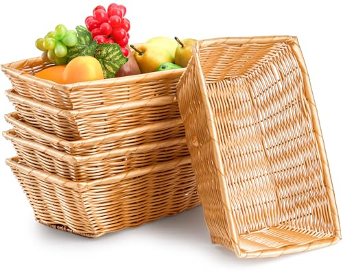 Coloch 6 Pack Plastic Woven Bread Basket, 12x7x4 Inch Rectangular Brown Rattan Imitation Fruit Basket for Storage, Picnic, Kitchen, Living Room