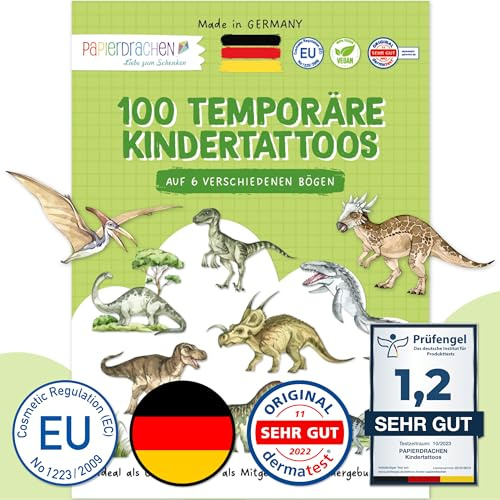 Papierdrachen 100 särskilda hudvänliga barntatueringar - tatueringar världen av dinosaurier - för barn - för pojkar och flickor - testad & tillverkad i Tyskland - set 27