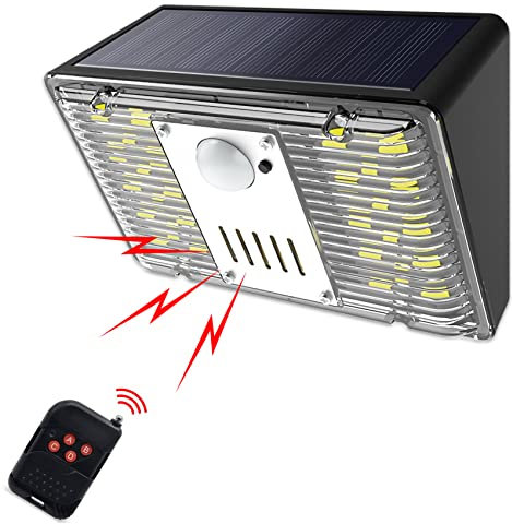 DINOWIN Alarme Détecteur de Mouvement Solaire avec Télécommande, étanche 129dB Sirène Extérieure Lumière d'alarme Factice Solaire pour la RV camping car, Maison, Ferme, Villa (Lot de 1)