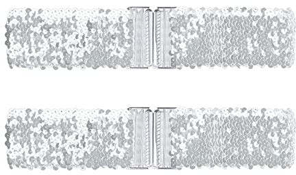 Allegra K Damen Dehnbare Breite Taillengürtel Interlock-Schnallen glänzende Pailletten-Dekorgürtel für Kleider Silber 60cm/23.62