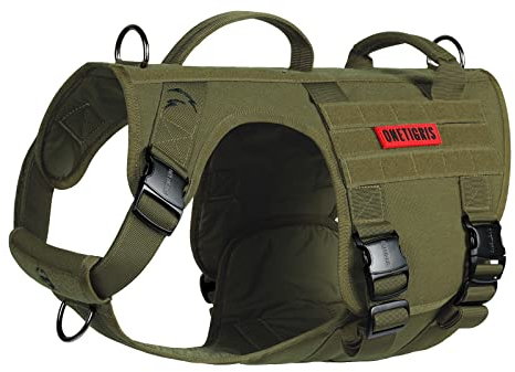 OneTigris Metallschnalle Hundegeschirr, Metall Taktisches Hundegeschirr Grosse Hunde, Verstellbar Brustgeschirr Mittelgroße Hunde 2 Griffe 3 Edelstahl D-Ring Ranger Grün M