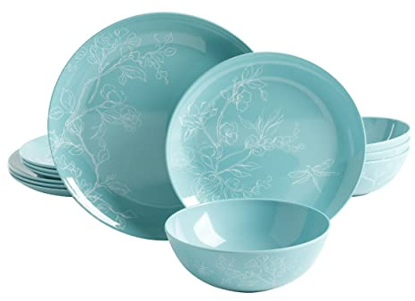 Martha Stewart Dragonfly 12 Piece Decorated Melamine Dinnerware Set - Teal