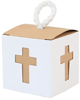 LASLU Cajas de dulces de fiesta para bautizo, 50 unidades, caja de dulces de primera comunión, caja de dulces con cruz, bautizo, baby shower, bomboniere con cuerda (cruz)