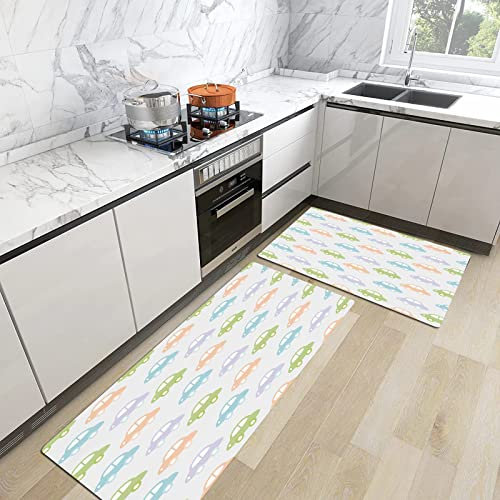 2 Pcs Tapis de Cuisine et Tapis antidérapants,Enfants, voitures mignonnes pastel colorées Automobiles Garçons Ville Joyeux Jeu Jou, Support en Caoutchouc Paillasson Tapis en Microfibre 45x70+45x120 cm