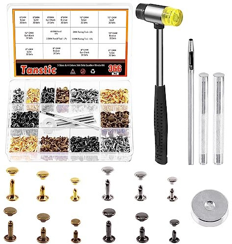 Tanstic 365Pcs Leather Rivets Kit, 3 Sizes 4 Colors Double Cap Rivets Flat Tubular Metal Studs with Rubber Hammer and Setting Tool Kit for Leather Craft Repair Decoration(Silver/Gun Black/Bronze/Gold)