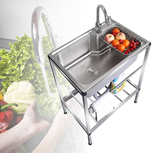 WORDFUN Lavello da Cucina in Acciaio Inossidabile, Lavatoio da Giardino Campeggio, Lavandino da Esterno, Lavelli Commerciale, Lavabo di Utilità Mobile, per La Casa Ristorante, Lavanderia, Giardino