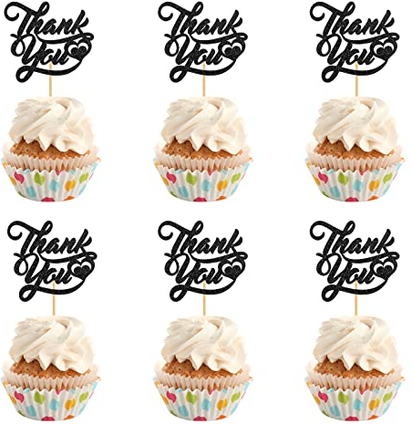 INNORU Thank You Cupcake Toppers, Wedding Bridal Shower Cake Toppers, Engagement, Baby Shower, Thanksgiving Day Party Decorations Supplies, Pack of 24 Black Glitter