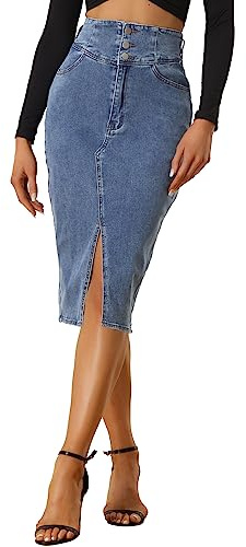 Allegra K Jupe en Jean Stretch Femme Vintage Taille Haute Ourlet Fendu Jupe Midi Denim Crayon Bleu S