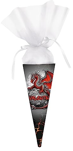 Striefchen® bedruckte Schultüte für Jungen mit verschiedenen Motiven zur Auswahl, 2 Größen, personalisiert mit Wunschname (Drache 28 cm)