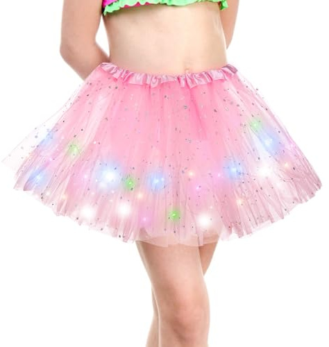 Kefiyis Tüllrock Mädchen Tütü mit Lichterkette Tutu Rock Elastischer Bund Minirock für Ballett Halloween Karneval Party Rosa