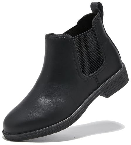 TRULAND Botas Chelsea de cuero para mujer, botines clásicos de tacón bajo para otoño, Negro -, 41 EU