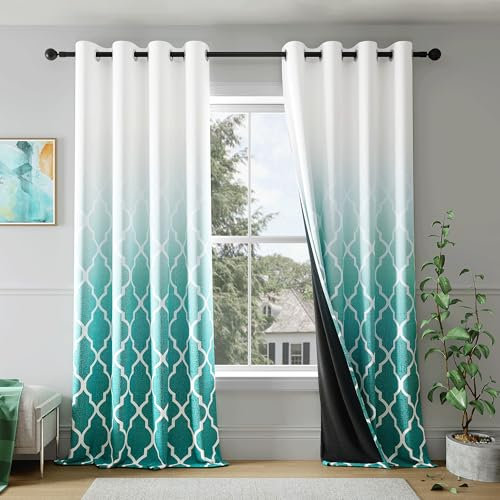 Metro Parlor Ombré Verdunkelungsvorhänge, 228 cm lang, 2 Paneele für Wohnzimmer, Schlafzimmer, blaugrün, weiß, marokkanisches Geo-Muster, Raumverdunkelung, wärmeisoliert, Ösen,