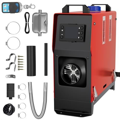 SUBTLETY 12V 8kW Chauffage Diesel 0.18-0.48 L/h Réchauffeur D'Air Diesel Autonome avec Télécommande Moniteur LCD et Silencieux pour Voiture Camion RV Camping-Car Bateaux Bus (Rouge, Type B)