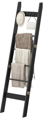 Hzuaneri Scaffale a scaletta per coperta per soggiorno, decorativo, in legno, con 4 ganci rimovibili, 6 ripiani, per camera da letto, nero, BR31504B