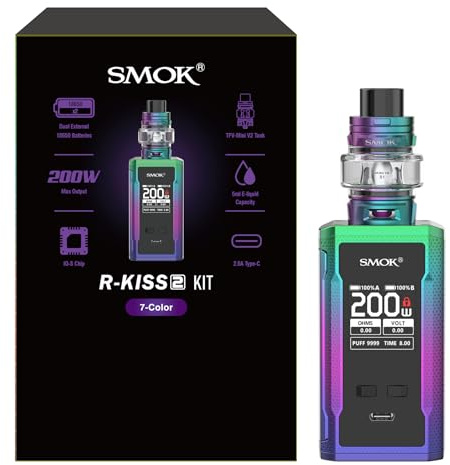 SMOK R-Kiss 2 Vape Kit 200W 7-Colores Funcionando con dos Baterías Externas 18650 (no incluidas), Tanque TFV18 Mini 6.5ml, Pantalla TFT de 1.3 Pulgadas, Sin Nicotina