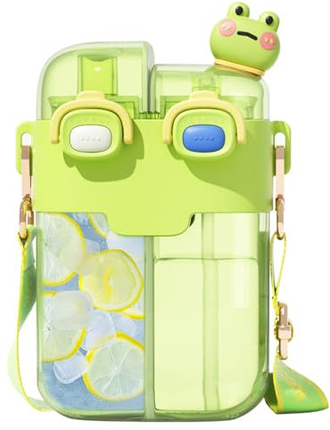 Cute Water Bottle for Kids: 26oz Kawaii Water Bottle for Girls, Funny Bear Water Bottles with Straw and Strap, Dual Compartments Leak-proof Plastic Drinking Cup for School Sport Travel (Green)