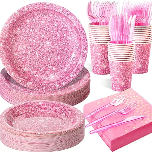 Hushee 175 Pcs Pink Holographic Print Party Supplies Guests Disposable Dinnerware Set Include Paper Plates, Napkins, Cups, Plastic Cutlery for Wedding Birthday Disco Bachelorette