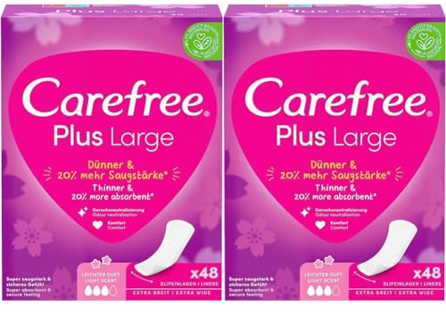 Carefree Slipeinlagen Plus Large mit leichtem Duft (48 Stück), super saugstarke & extra breite Slipeinlagen, um Flüssigkeiten sofort einzuschließen, Größe Large (Packung mit 2)