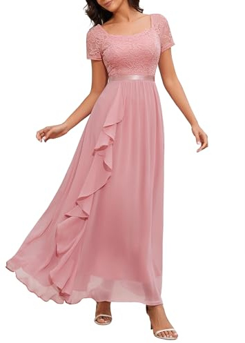 Wedtrend elegant aftonklänning lång för bröllop fyrkantig hals spetsklänning A-linje volangklänning med chiffong, Blush, XXL