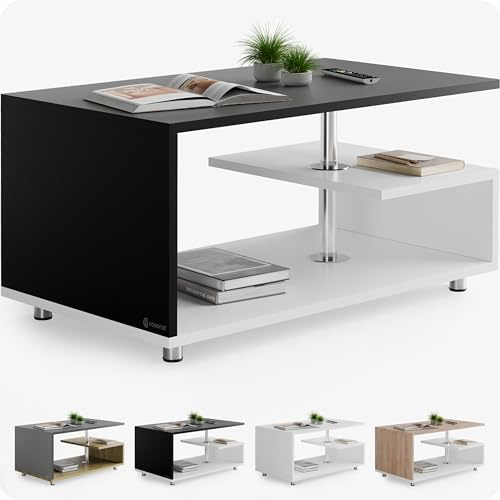 CASARIA® Mesa de Centro de Madera Blanco Negro Almacenaje 95x55cm Pies de Acero Inoxidable Estante Ajustable en Altura Mesa Auxiliar Rectangular Moderna Sala de Estar Sofá Mesa de Sofá