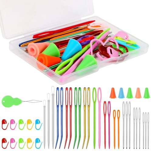 JSRQT Set di Aghi per Lana,Kit di Aghi per Filati Plastica,Aghi da Cucito in Plastica,Ago Magico per Rcamo con Segnapunti Maglia,Aghi per Cucire per Maglieria