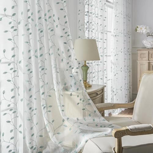 Whoiy Scheibengardine Küche Modern, Stores Gardinen Halbtransparent Küchengardine Blau Polyester Fenster Vorhänge Kurz Zweige Blattstickerei 2er Set 76x76cm