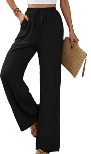 Yeenily Damen Hosen Weites Bein Sommer Leichte Palazzo Hose Herbst Freizeit Locker Stoffhose Elegant Einfarbig Lang Sommerhose mit Taschen (Schwarz, L)