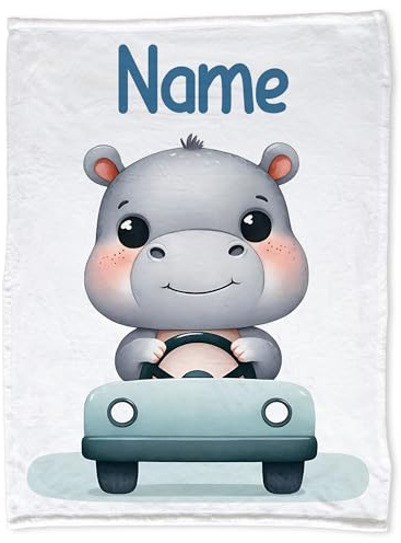 GRAZDesign Babydecke mit Namen personalisiert Nilpferd flauschig, Baby Kuscheldecke zur Geburt, Geburtstag, Weihnachten 100x75cm - Fleecedecke