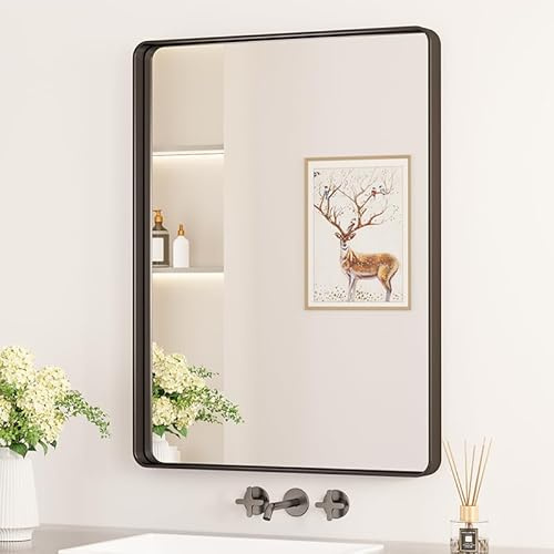 Keonjinn Wand Spiegel Schwarz 60x80cm, Badezimmerspiegel Badspiegel mit Metallrahmen, Gehärtetes Glas Rechteckiger Spiegel Flur für Badezimmer, Wohnzimmer, Schlafzimmer, Wanddekoration