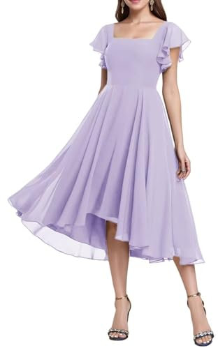 HPPEE Abito da damigella d'onore in chiffon da donna, con maniche corte, lunghezza al ginocchio, estivo, abito da sera formale, Lilla, 44