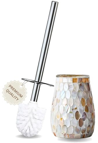 Escenzy Modern Toilet Brush and Holder Set | Natural Shell Mosaic Glass | Non-Rustic Stainless Steel | Practical & Decorative Toilet Bowl Brush and Holder | Luxury Bathroom Accessories