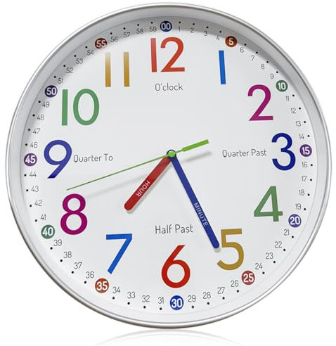 Orologio da parete per bambini, 30 cm, orologio da parete per ragazzi e ragazze, silenzioso, orologio da parete per bambini, senza ticchettio, con numeri colorati, per bambini, per la cameretta dei