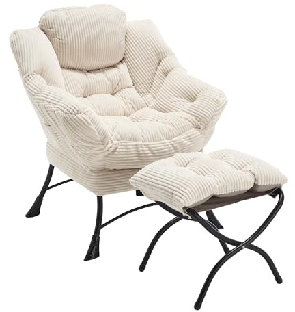 Villeston Lazy Chair mit Ottomane, Weiß | Faulenzersessel Relaxsessel mit Hocker, Lounge-Stuhl mit Armlehnen, ergonomische Fußstütze für Erwachsene