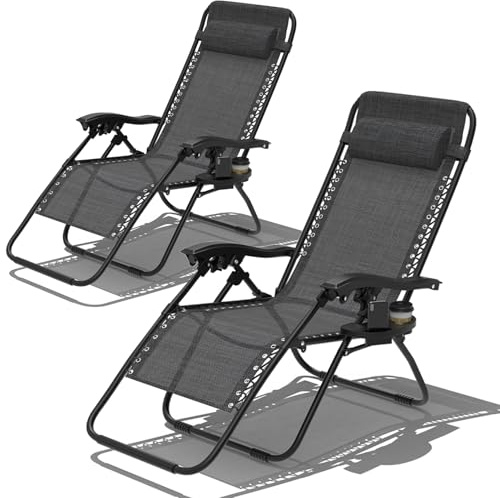 Chaise Longue Pliante，Fauteuil Relax Jardin，Bain de Soleil avec Porte-Gobelet et Repose-Tête,Inclinables，Transat de Plage，Transat de Relaxation Chaise de Camping pour Patio Jardin Plage，Noir，2PCS