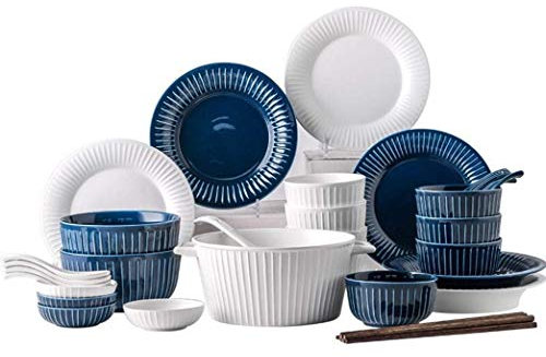 SGKOMN 46 Pezzi Set da tavola in Ceramica con Motivo Verticale Bianco e Blu, Piatti, Ciotole e Combinazione per Feste in Famiglia