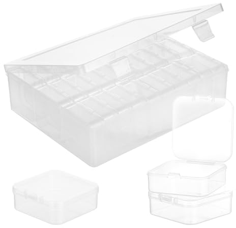 30 cajas de almacenamiento transparentes con tapa, 30 cajas pequeñas (5,5 x 5,5 x 2 cm) + 1 caja grande (21 x 17 x 6 cm), apilables, reforzadas, con cierre de clic para pastillas, joyas, accesorios de